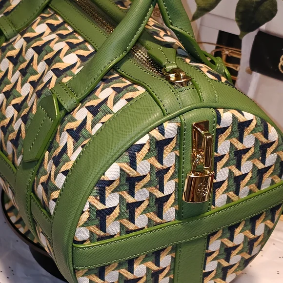 Tory Burch Riviera Green Wicker Print Leaf Patterned Women's Satchel Bag - Picture 4 of 16